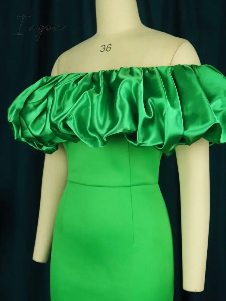 Ingvn - Women Long Party Dresses Mermaid Slim Christmas Bare Shoulder Puffy Bright Green Big Size Wedding Evening Occasions Gowns Robes