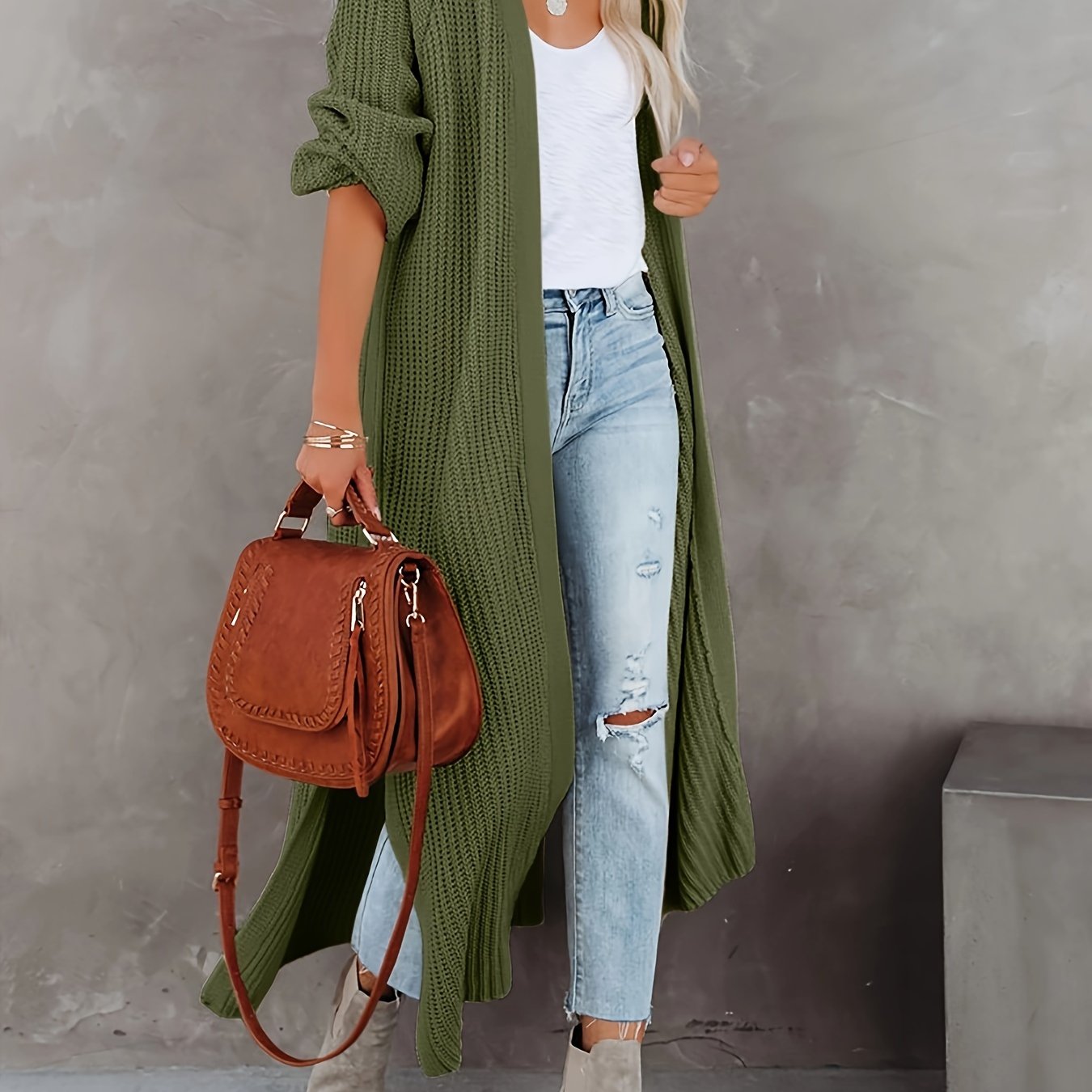 Stylish & Cozy Open Front Cardigan - Long Sleeve, Stretch Knit, Solid Color, Perfect for Autumn/Winter