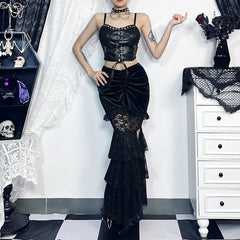 Gothic Folding Fishtail Multi-layer Splicing Split Skirt Woman Velvet High Waist Lace Patchwork Punk Mermaid Skirts