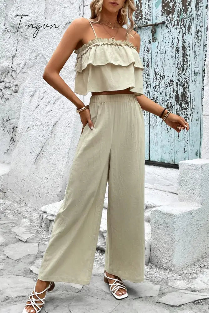 Ingvn - Frill Trim Cami and Wide Leg Pants Set