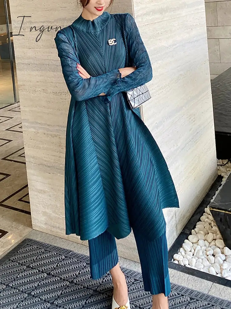 Ingvn - Sets Women Pleated Two Piece Set Fall 2023 Winter New Loose Casual Suit Lace Fashion Long Dress Top Pencil Pant Clothes