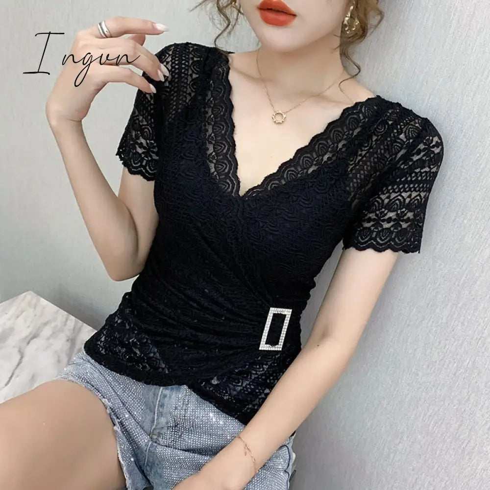 Ingvn - 5XL Women lace tops New Arrivals Summer short sleeve v-neck women blouse shirt Sexy Hollow out lace tops plus size blusas