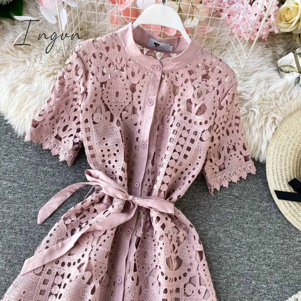 Ingvn - Women Elegant Hollow Out Lace Dress Office Lady Summer Solid O-Neck Button up Sashes Midi Dress Female Chic Short Sleeve Dress