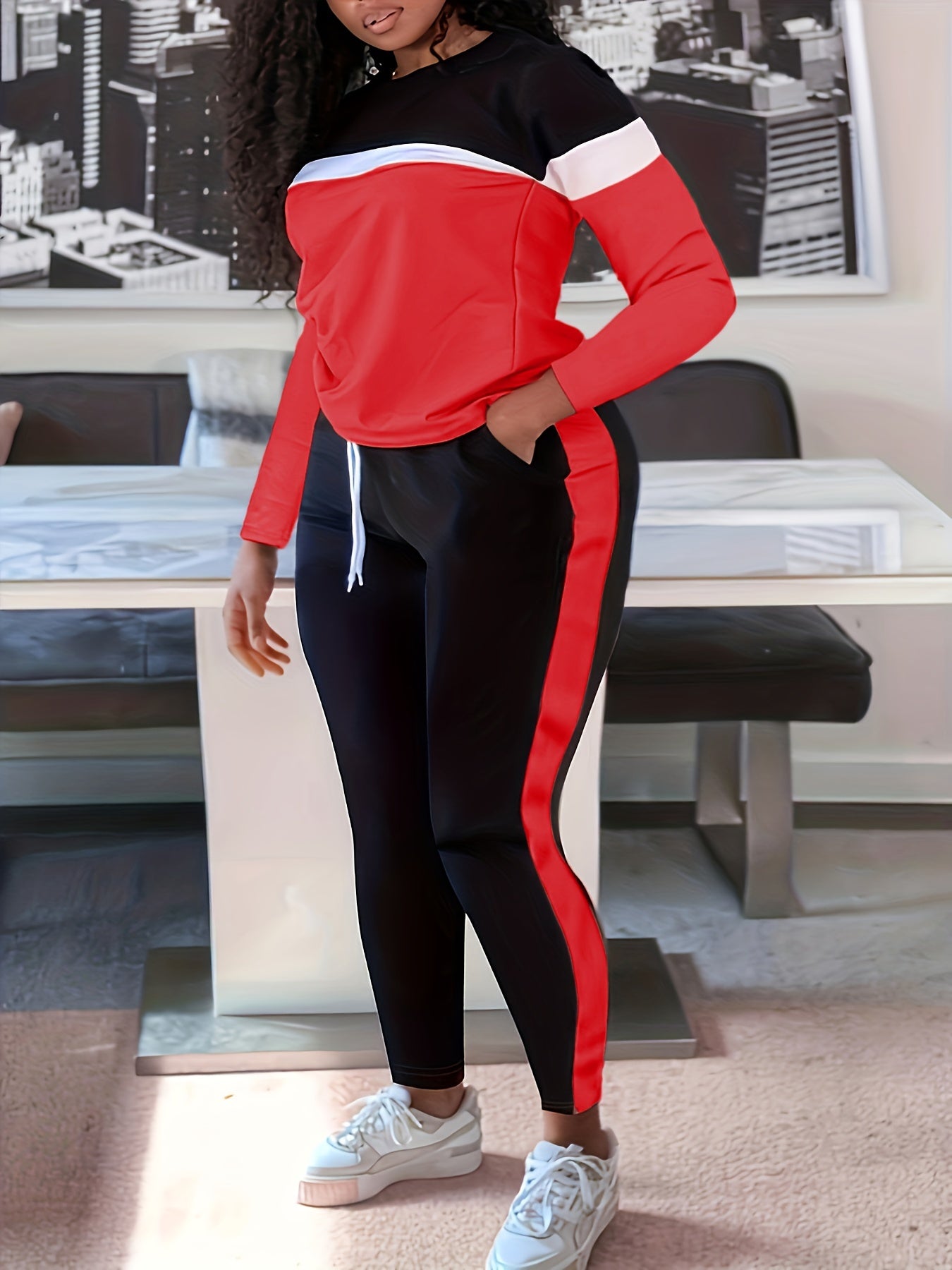 Plus Size Casual Outfits Two Piece Set, Women's Plus Colorblock Long Sleeve Round Neck Top & Pants Outfits 2 Piece Set