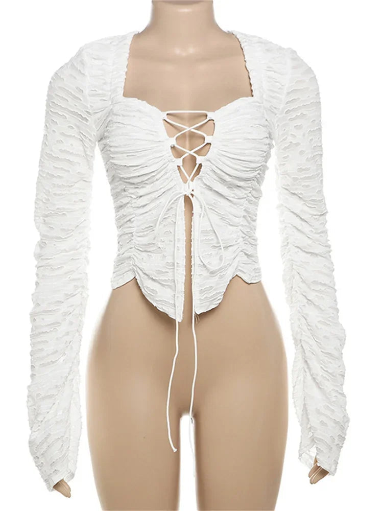 Autumn Fashion Ruffled T-shirt Cropped Top Female Hollow Out Lace-Up Patchwork Loose Outwear White Women Bandage Tee Coat