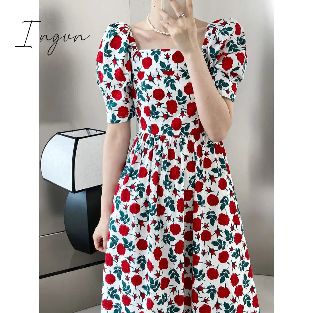 Ingvn - 2023 Trends Dress Rose Print Square Neck Long Dress Summer Mid Length Sweet elegant casual