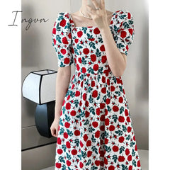 Ingvn - 2023 Trends Dress Rose Print Square Neck Long Dress Summer Mid Length Sweet elegant casual