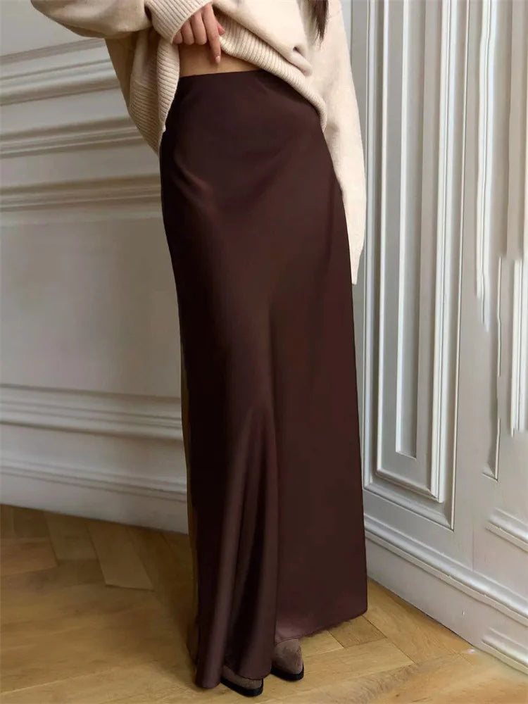 Summer Satin High Waist Long Skirt Female Slim Patchwork Fashion Elegant Streetwear Casual Solid Maxi Skirt Clothes
