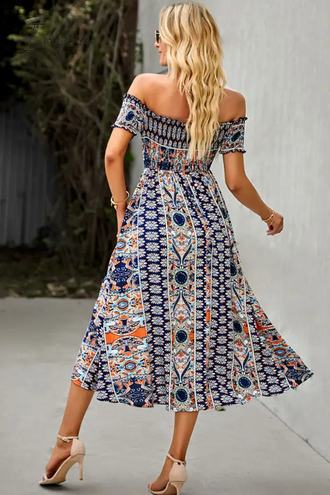 Ingvn - Bohemian Off-Shoulder Frill Trim Split Dress