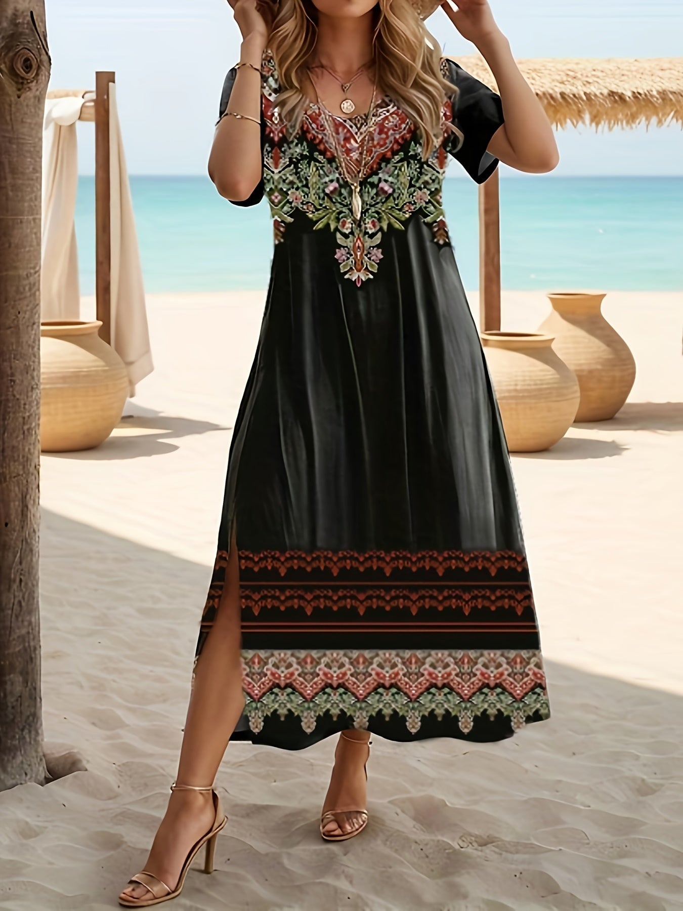 Plus Size Floral Print Vacation Dress with Stylish Slit - Lightweight Short Sleeve for Spring & Summer Getaways - Trendy Womens Plus Size Clothing