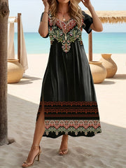 Plus Size Floral Print Vacation Dress with Stylish Slit - Lightweight Short Sleeve for Spring & Summer Getaways - Trendy Womens Plus Size Clothing