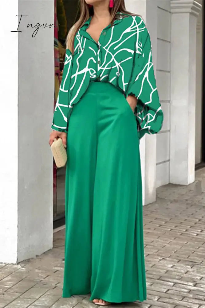 Ingvn - Elegant Floral Pocket Turndown Collar Two Pieces