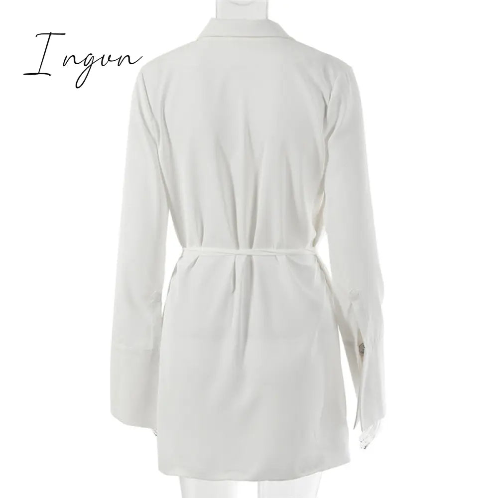 Ingvn - Black Satin V-Neck Shirt Dress Women Autumn Winter Flare Sleeve Lace Up Mini Dresses Elegant Ladies Party Vestidos