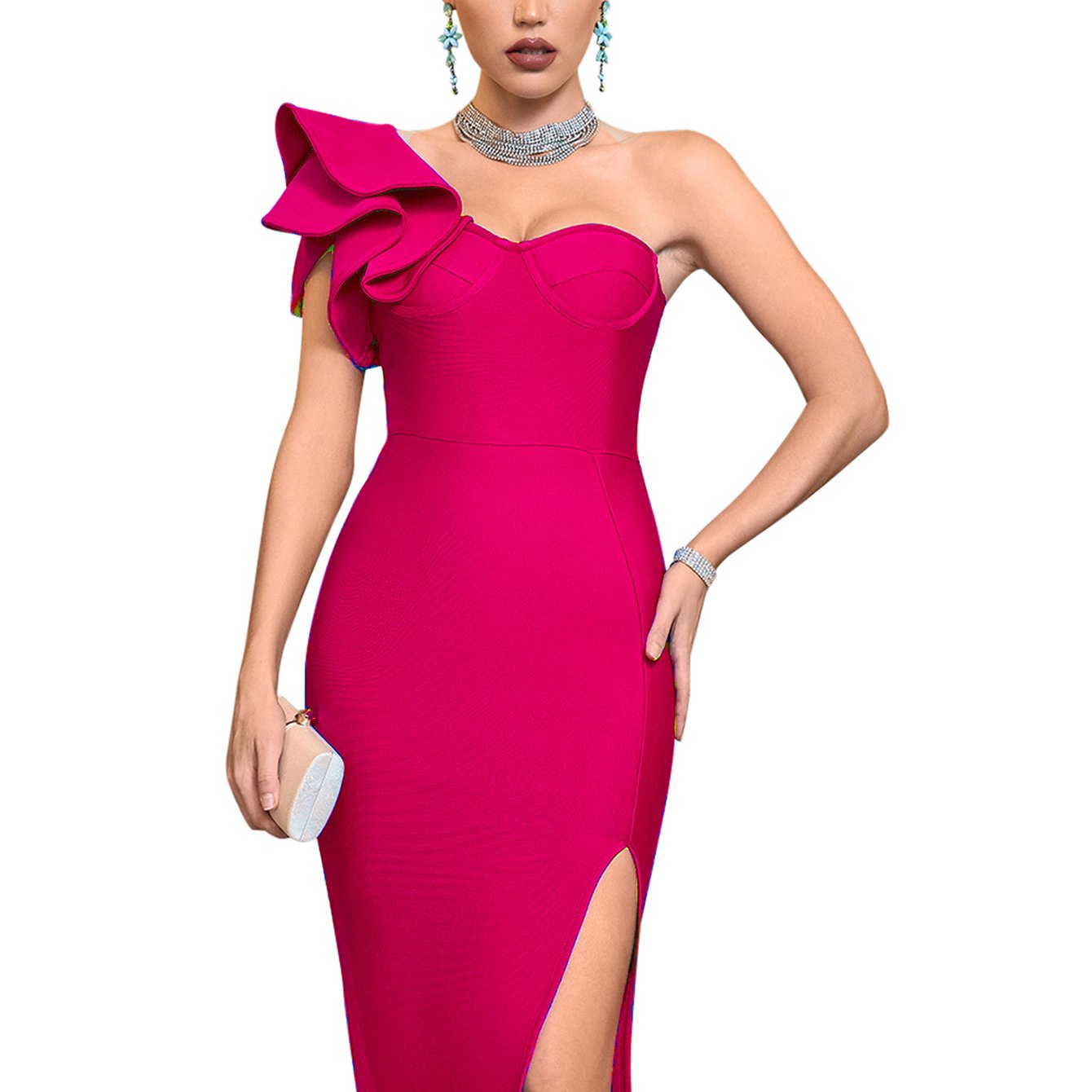 Women's One Shoulder Wedding Guest Dress Side Split Bandage Bodycon Midi Cocktail Club Dresses