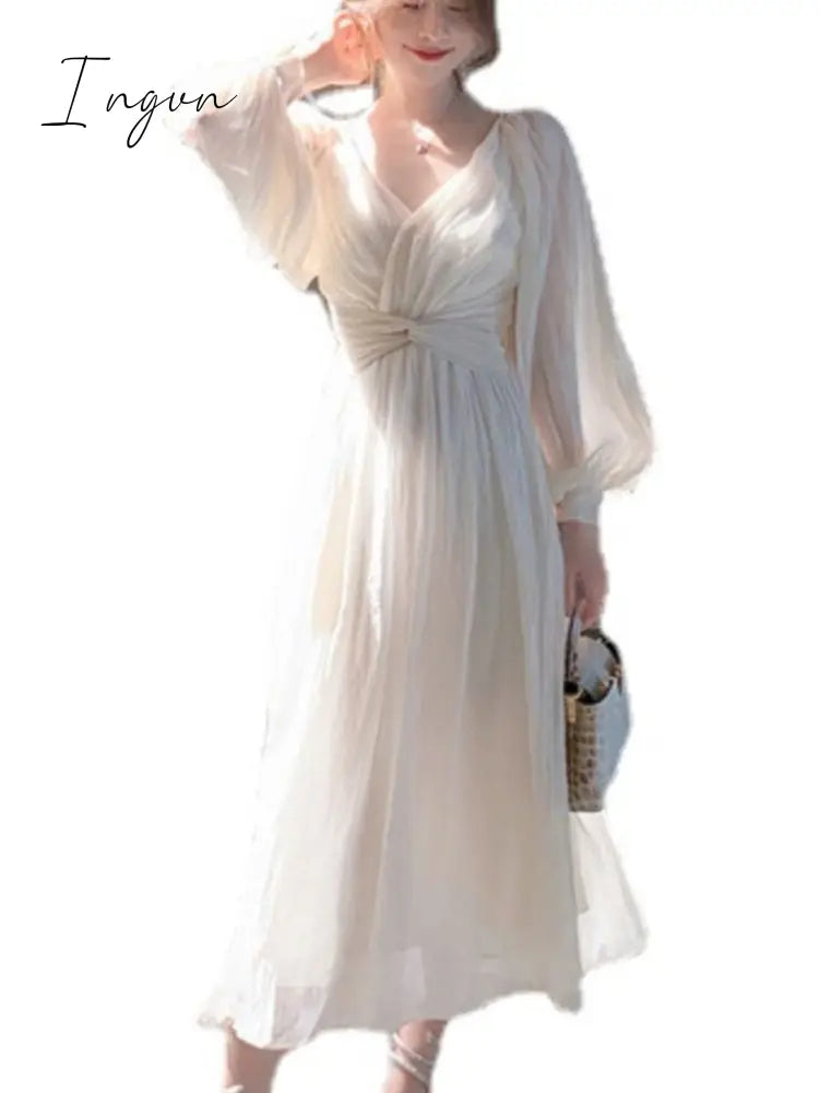 Ingvn - Summer French Elegant Party Dress Women Long Sleeve Casual Fairy Midi Dress Evening Vintage One Piece Dress Korean Fashion