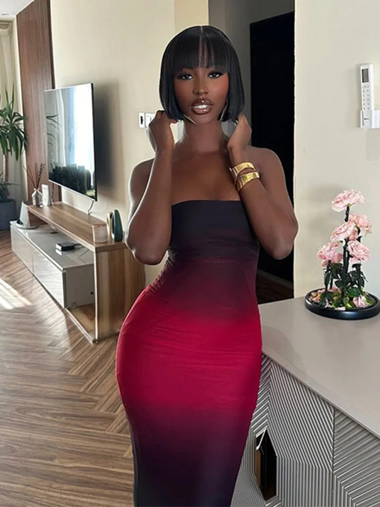 Off-shoulder Backless Sexy Maxi Dress For Women Gown Gradient Strapless Sleeveless Bodycon Club Long Dress Vestido