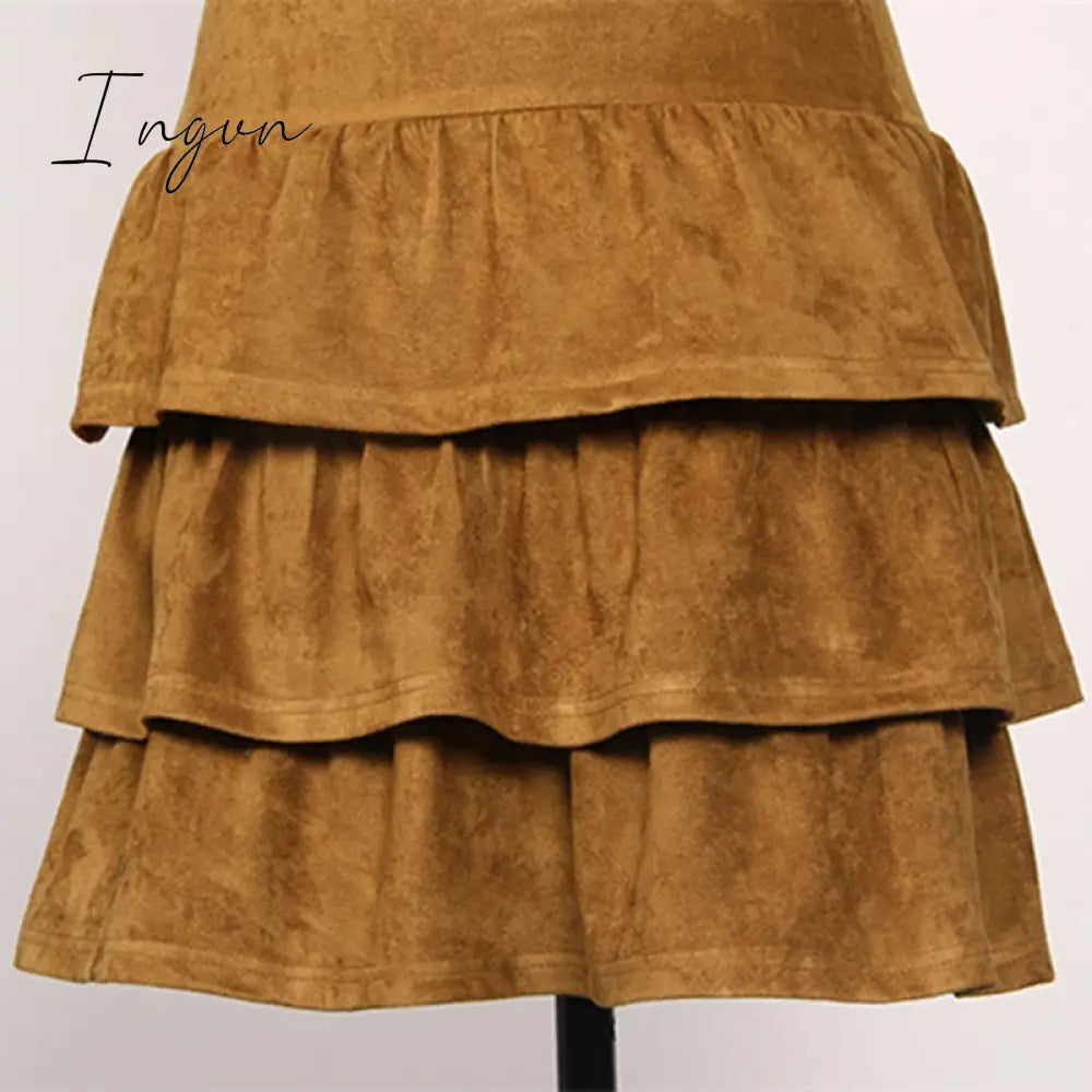 Ingvn - BornToGirl Woman Vintage Dress Spring Autumn Winter Women's Long Sleeve Black Brown Sky Blue Suede Dress robe femme