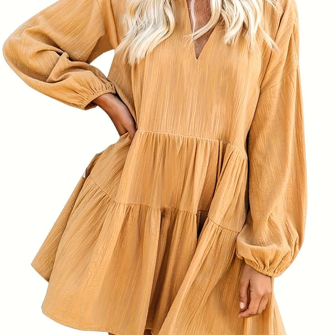 Long Sleeve Solid Color V Neck Loose Babydoll Dress, Casual Ruffle Hem For Spring & Fall, Women's Clothing