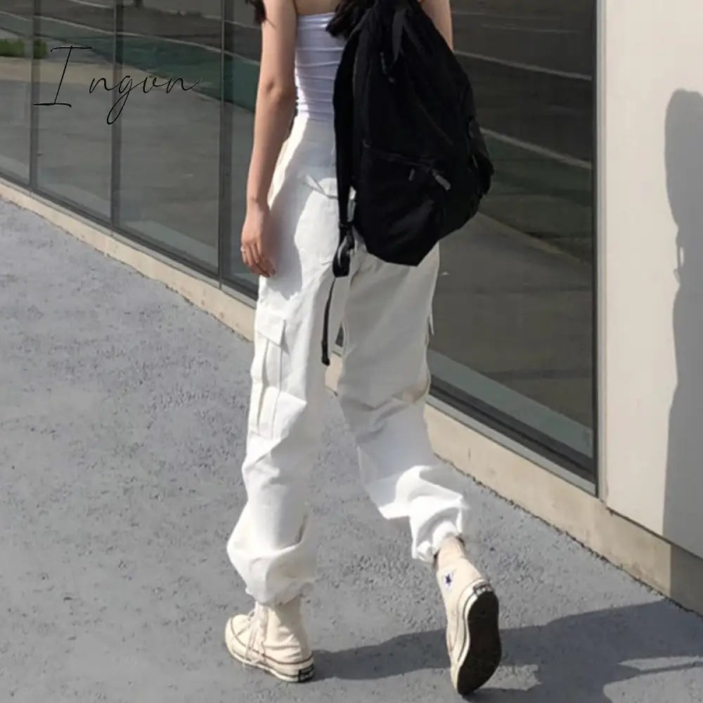 Ingvn - Button Pockets Patchwork Cargo Pants Women Streetwear High Waist Trousers Women Fashion Pencil Pants Joggers Women