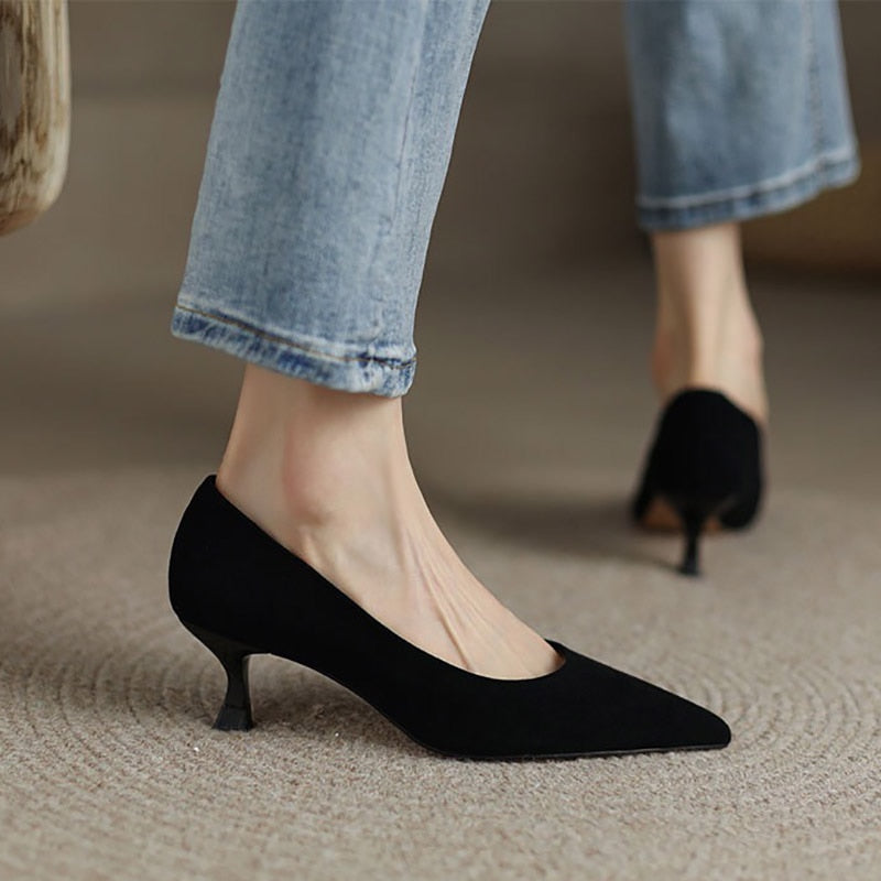 Plus Size Women Pumps Pointed Toe Boat Shoes Mid Heels Basic Pumps Slip on tacones mujer Black Singe Shoes escarpins femme 9875N