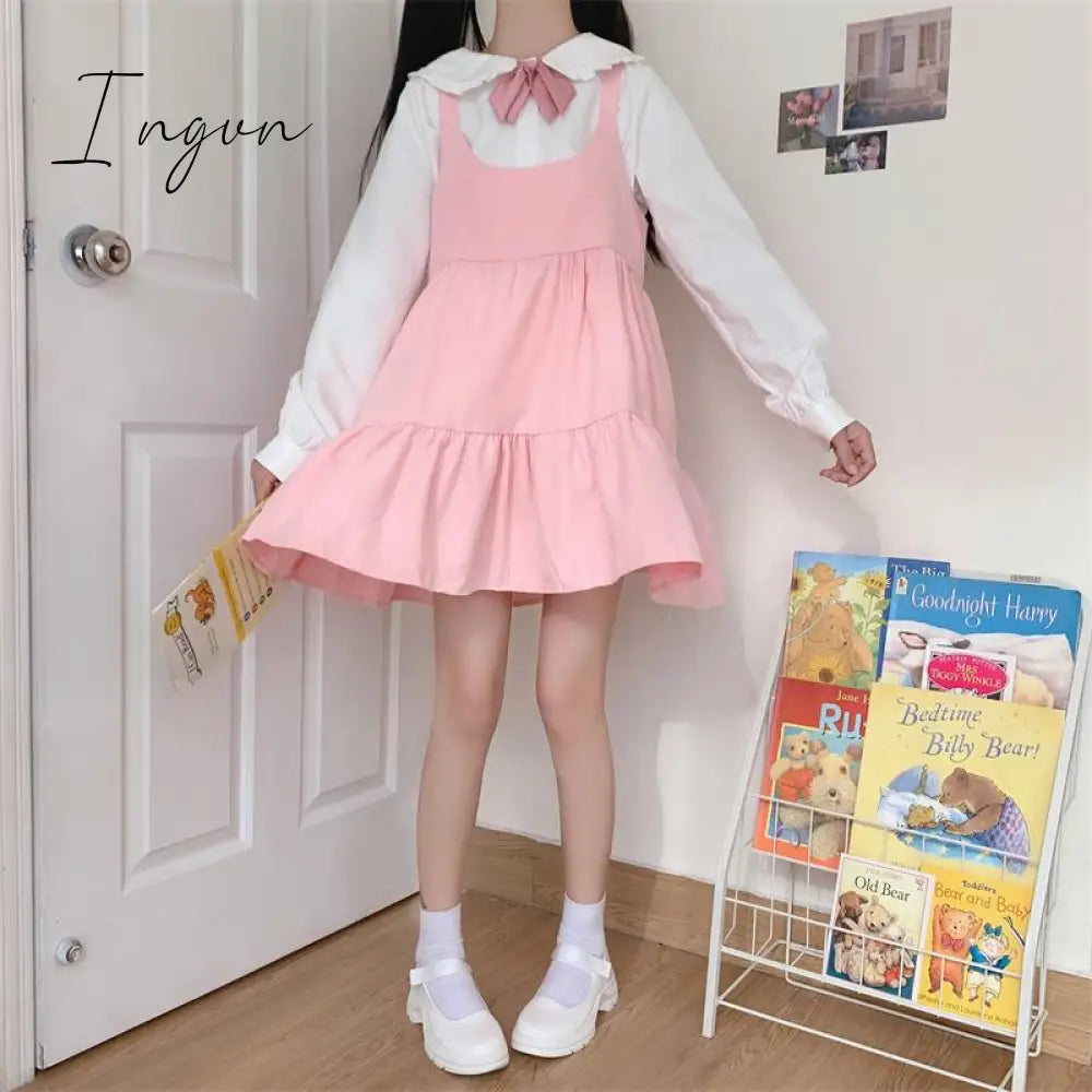 Ingvn - Japan Autumn Kawaii Lolita Two-piece Suit Cosplay Loli Bow Rabbit Ears Shirt Sweet Soft Girl Sleeveless Ruffles Suspender Dress