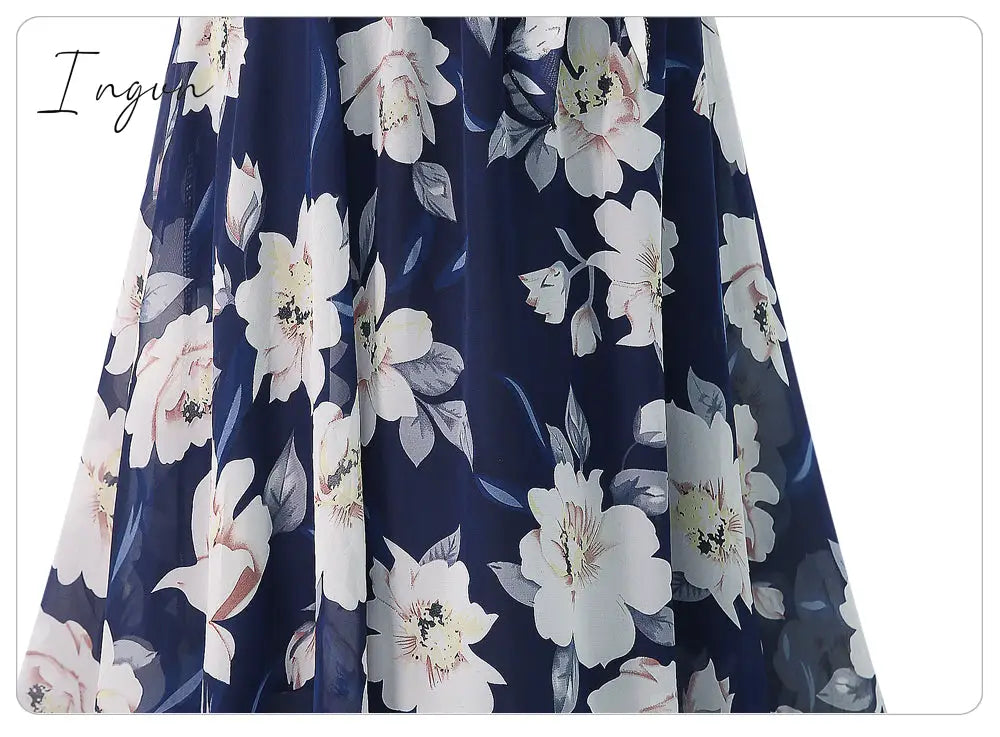 Ingvn - New Plus Size Women Chiffon Skirt Europe Fashion Bow Saia Midi Lining Jupe Femme Lace Up Falda Mujer Summer Print Floral Skirts