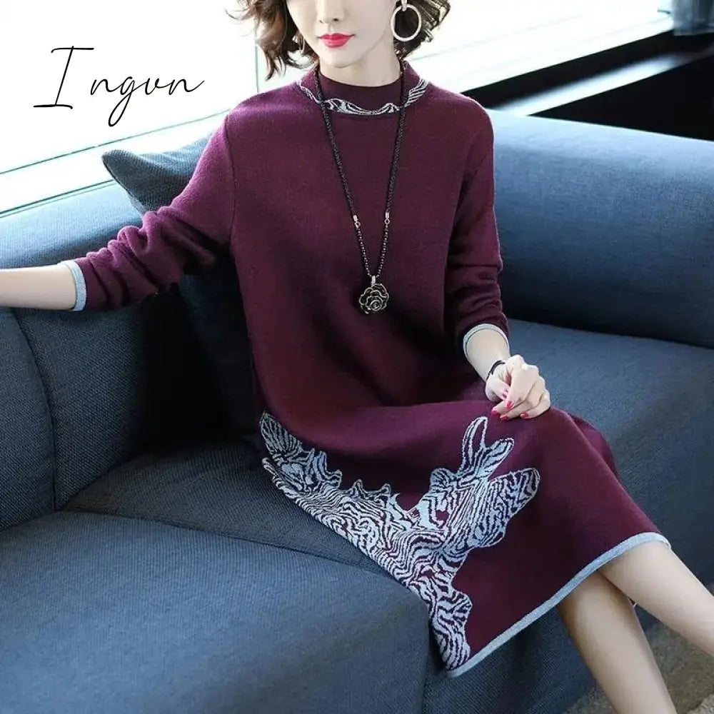 Ingvn - Trends high quality New Year Women's Autumn/Winter Long Sleeve Knitted Wool Dress Loose High Collar Knee-Length Dress Slim Casual Dress Party Dress