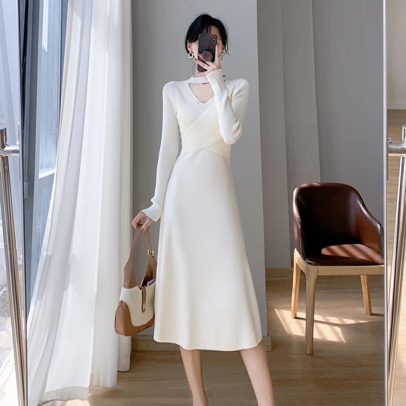 Sexy Evening Party Dress Sleeveless Solid A-line Long Knitted Dresses for Women Autumn Korean Prom Robe Vestidos Mujer New
