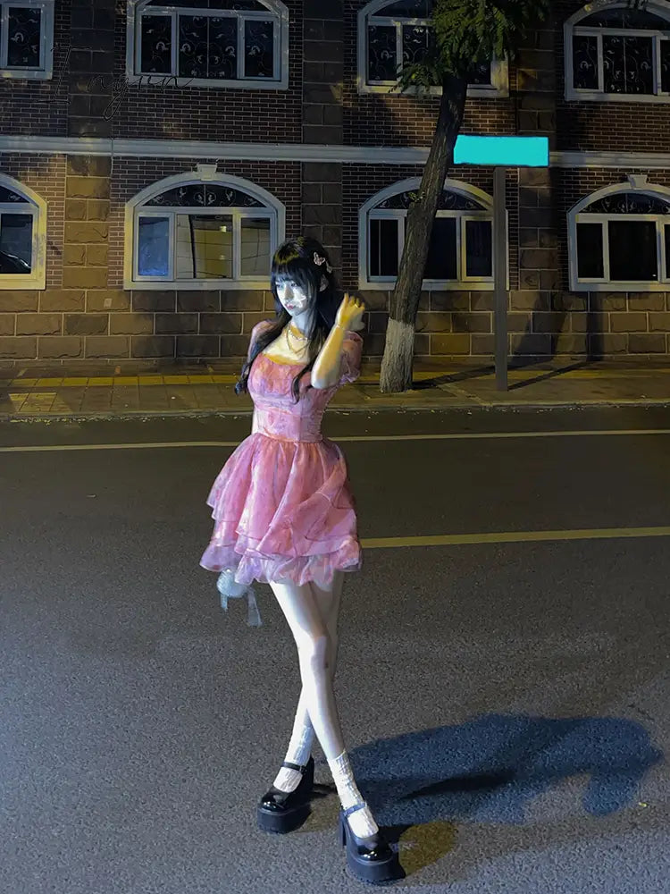Ingvn - Pink Floral Short Party Dress Sexy Lace Puff Fairy Kawaii Clothing Mini Dress Fashion Birthday Lolita Dress Women Summer 2023