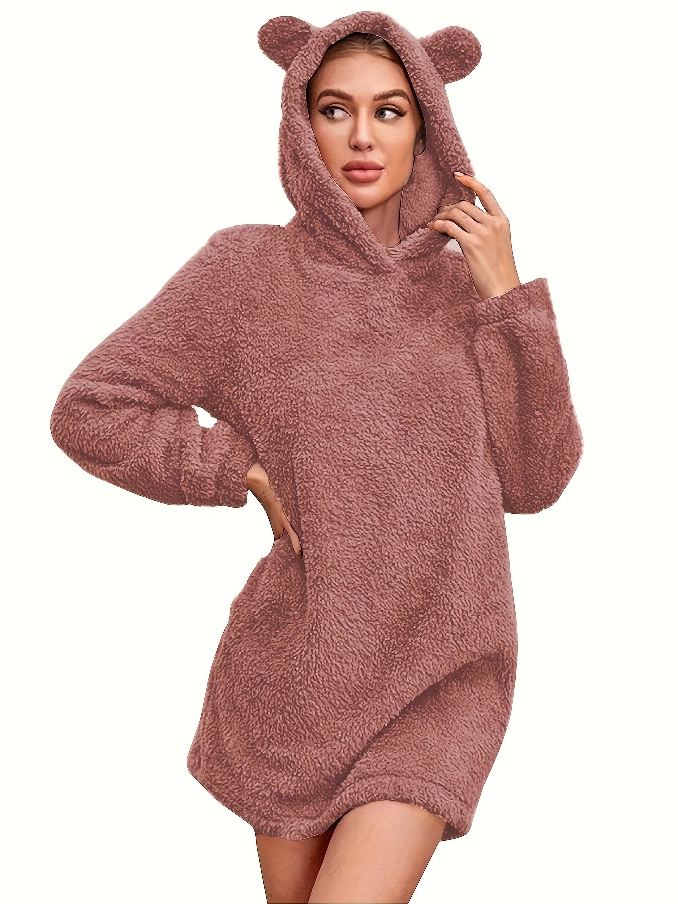 Cozy Fuzzy Solid Color Loose Fit Hooded Dress - Women's Casual Long Sleeve Dresses for Fall & Winter - Soft, Warm, and Comfortable Clothing for Everyday Wear