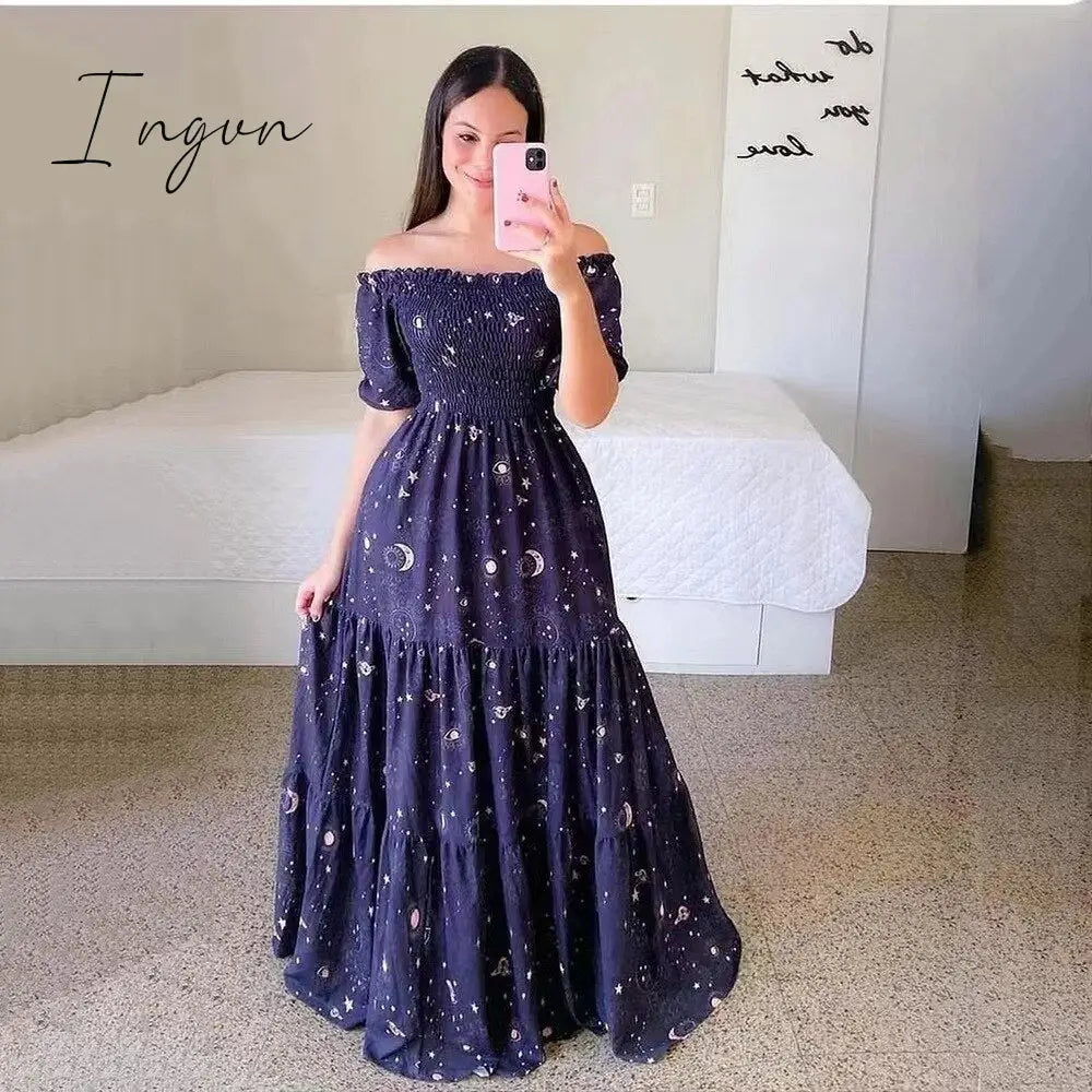 Ingvn - Women's 2023 Butterfly Summer Dress Tube Top Short Sleeve Ruffle Hem A Line Date Night Robes Vacation Bohemian Maxi Dresses XXXL