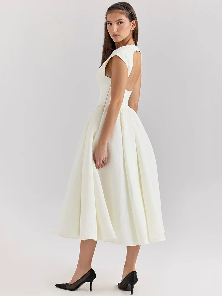 White Backless A-line Sexy Maxi Dress For Women Gown Solid Hollow Out Sleeveless High Waist Club Pleated Dress Elegant