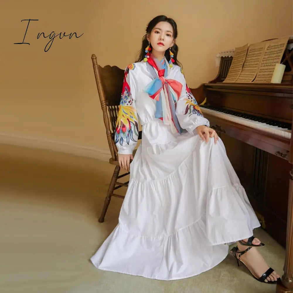 Ingvn - High Quality Luxury Design Runway Female Elegant Embroidery Women Dress Lantern Sleeve High Waist Maxi Long Dresses