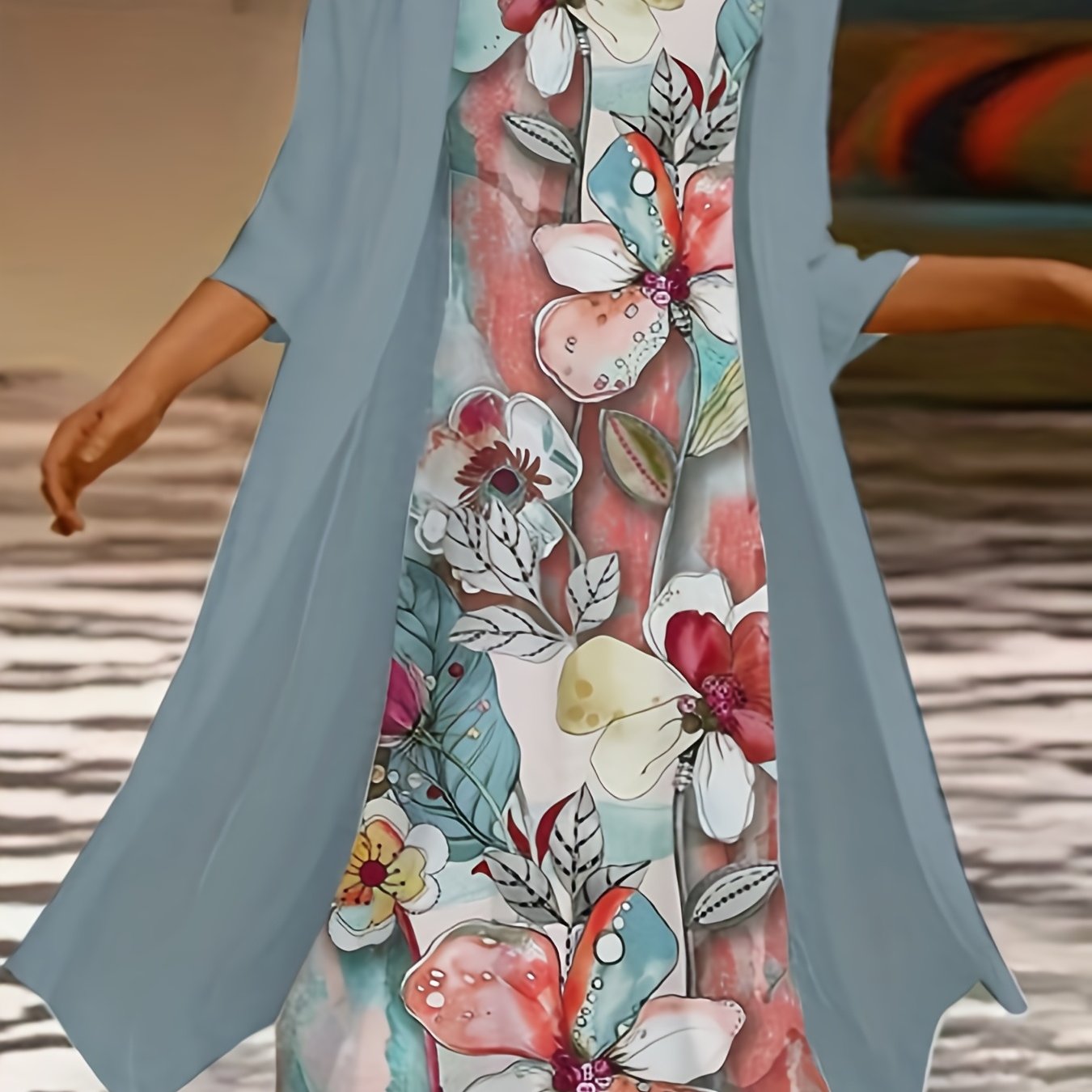 Plus Size Outfits Set, Women's Plus Floral Print Round Neck Tank Dress & Long Sleeve Coat Outfits Two Piece Set