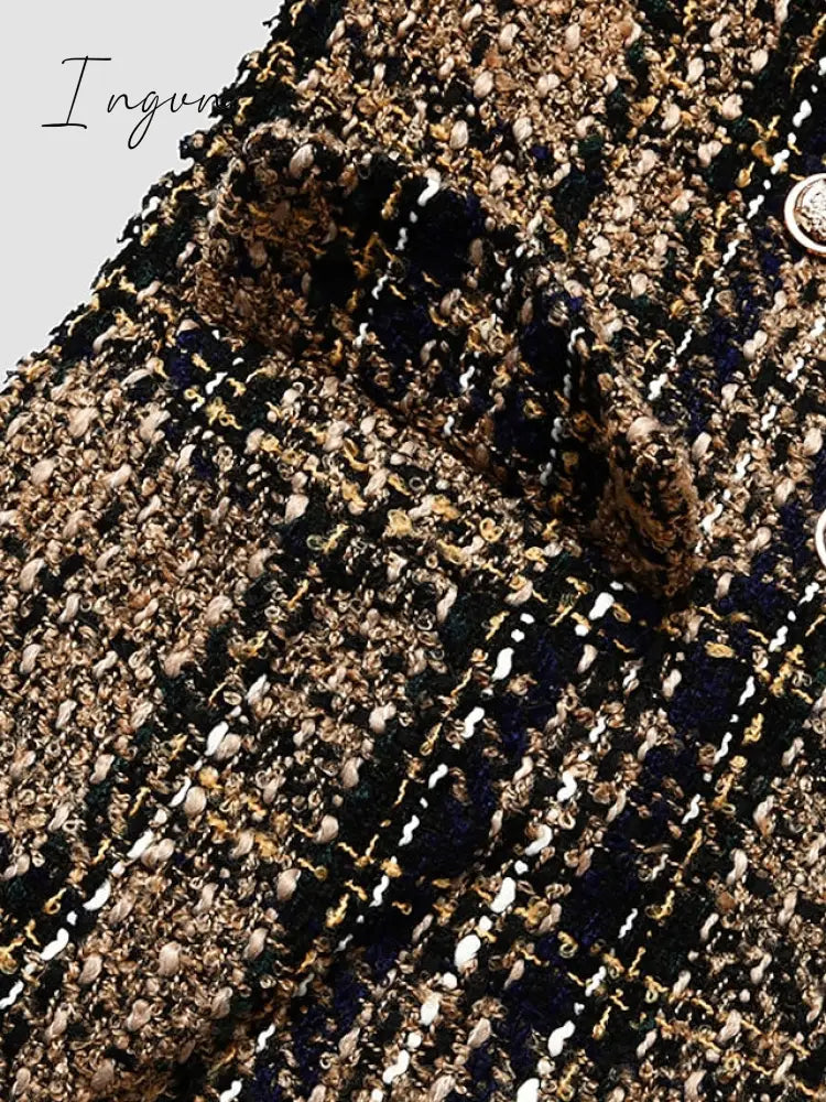 Ingvn - Women's Blazer Tweed Plaid Long Sleeve Coat Fall Winter Business Double Breasted Regular Jacket Green Brown XL 2XL 3XL