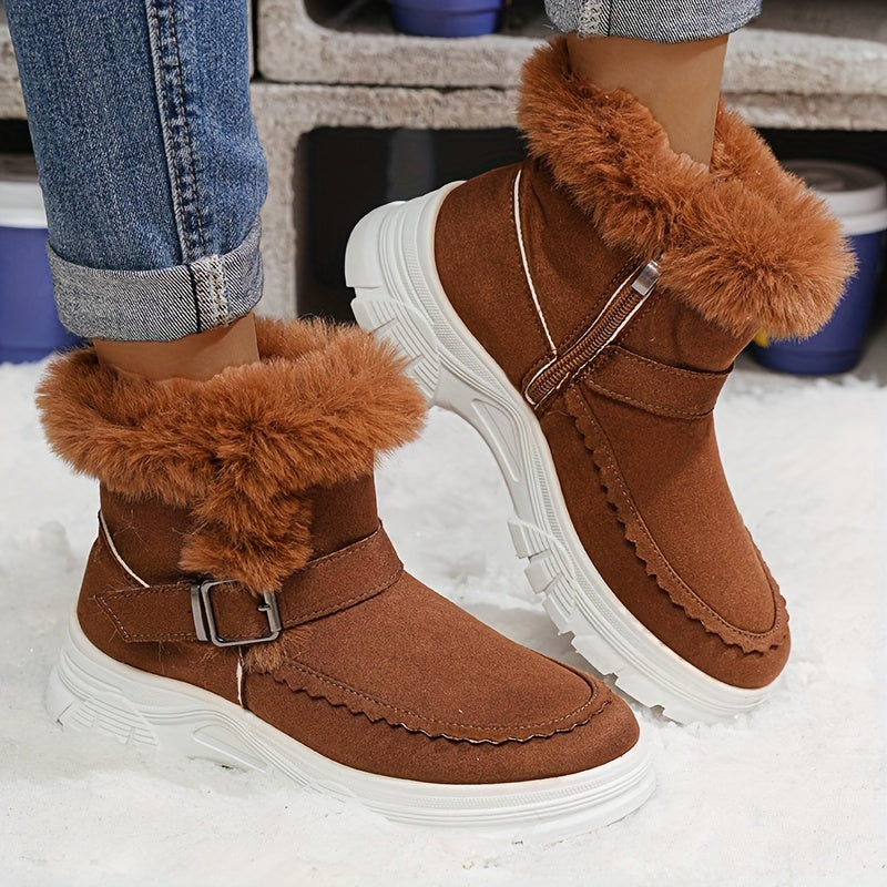 Cozy Winter Women's Snow Boots - Thick, Warm Plush Lining with Anti-Slip Sole, Round Toe Zipper Design, Fashionable Flat Heel