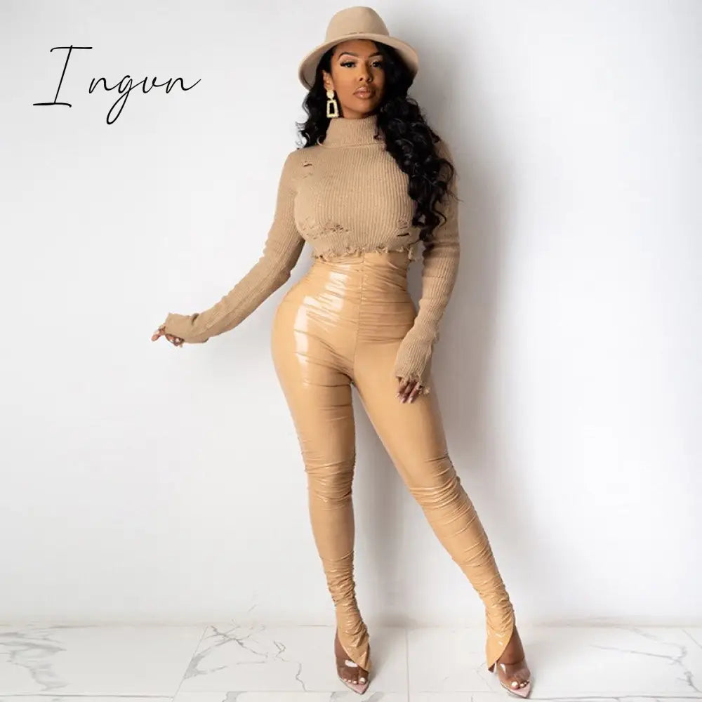 Ingvn - Winter Joggers PU Leather Leggings Pants Pleated High Waist Streetwear Long Trouser Solid Color Party Night Clubwear Outfit