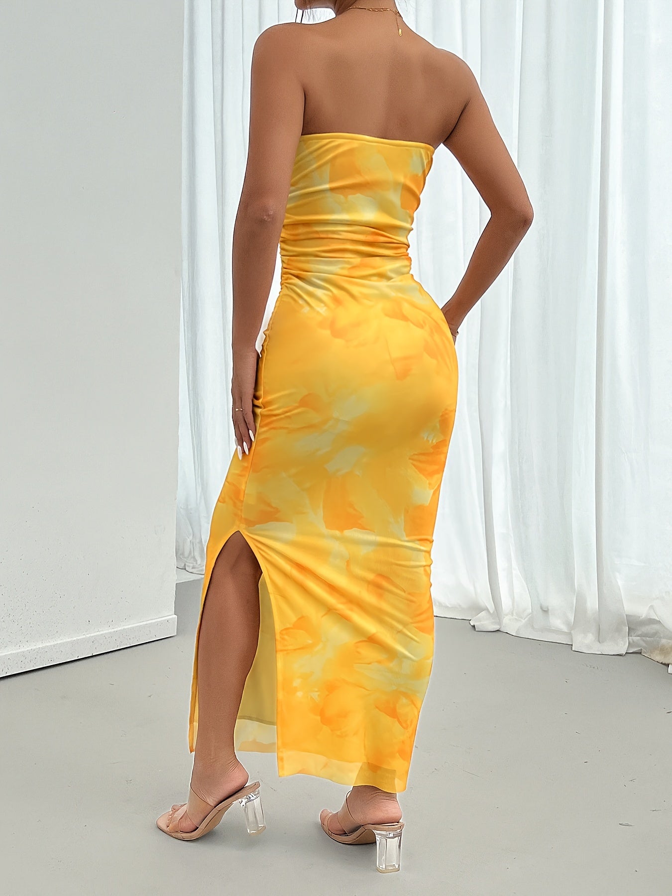 Floral Print Off Shoulder Bodycon Tube Dress, Elegant Backless Split Maxi Dress, Women's Clothing For Party Dressing