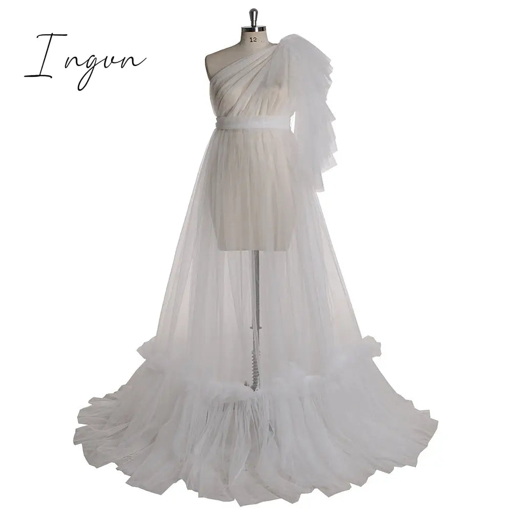 Ingvn - Elegant One Shoulder Tulle Maternity Dresses See Through Sexy Women Plus Size Tulle Maternity Dressing Gowns For Photography