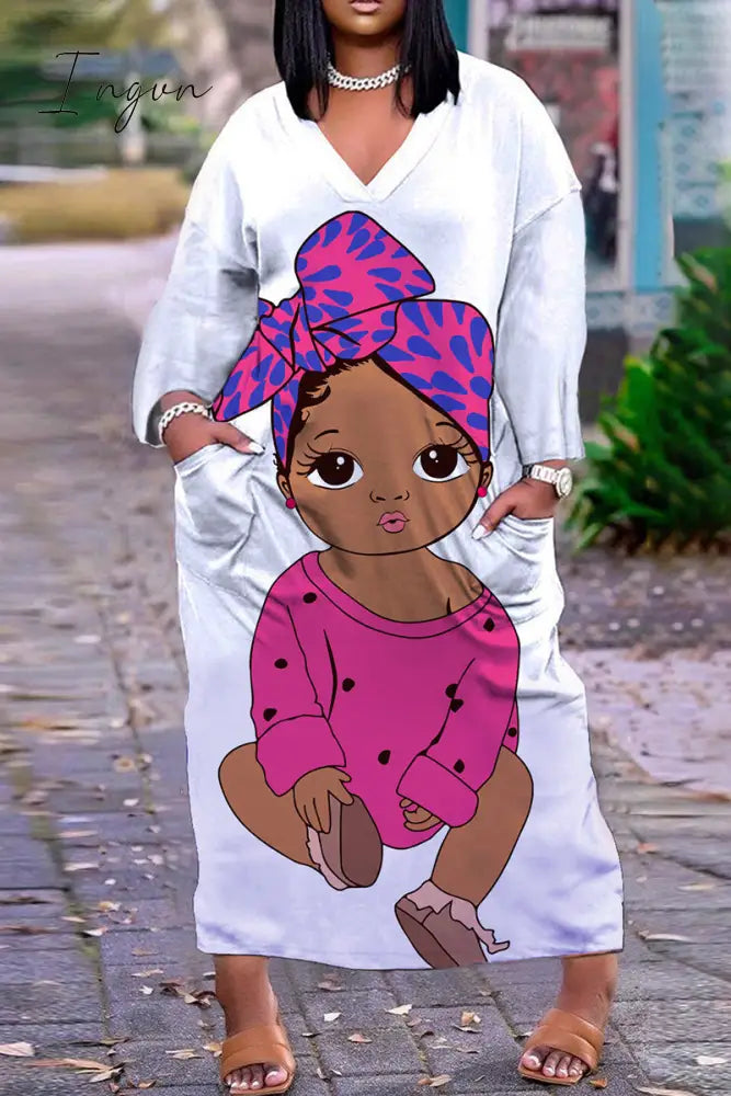 Ingvn - Coffee Casual Print Basic V Neck Long Sleeve Dresses