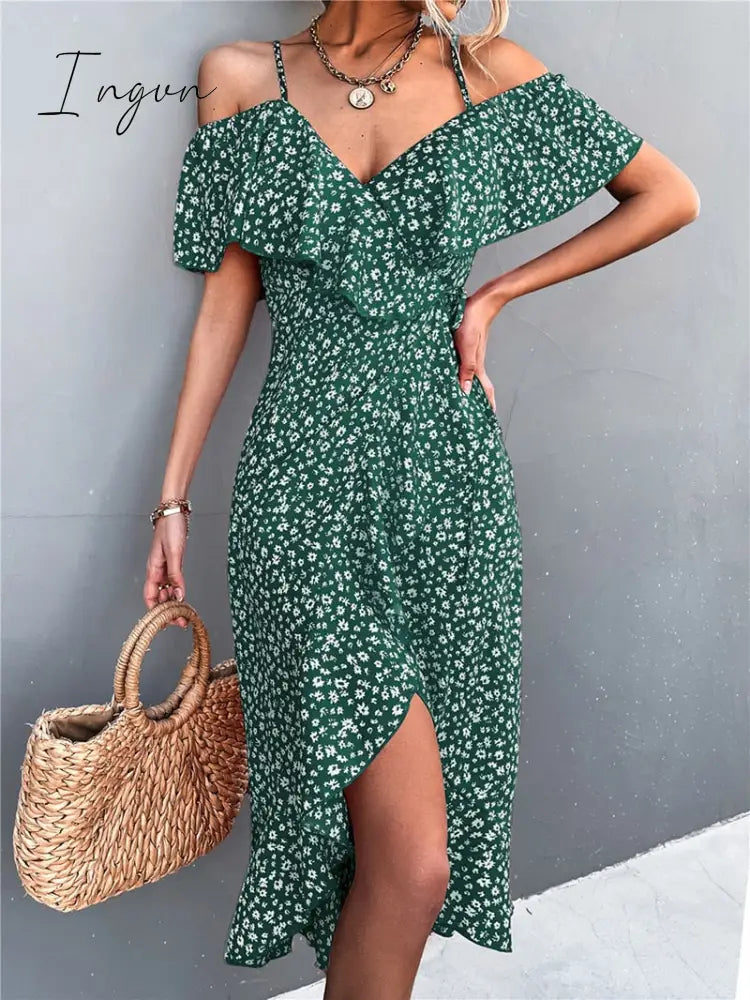 Ingvn - Ladies Spring Summer Sexy Straps Dress Women Green Off Shoulder Ruffles Casual Beach Dresses Female Floral Print Dress