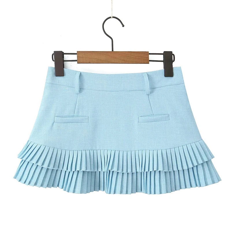 Cool Girl Y2K Pleated Mini Skirt Sexy Low Waist Short Skater Skirts With Shorts Lining