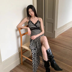 Black And White Plaid Women's Dress Lace Splicing Irregular Hem Slimming Strap Long Dress Design Sense Niche Sleeveless