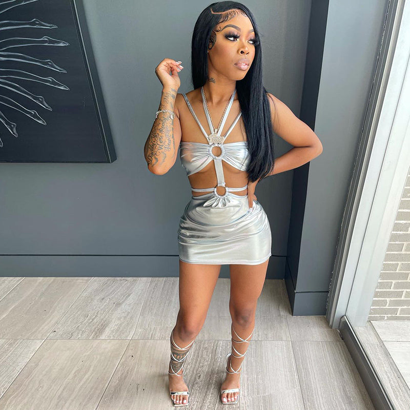 Voguable  Solid Sleeveless Bodycon Halter Hollow Out Sexy Mini Dress  Summer Women Fashion Streetwear Outfits Y2K