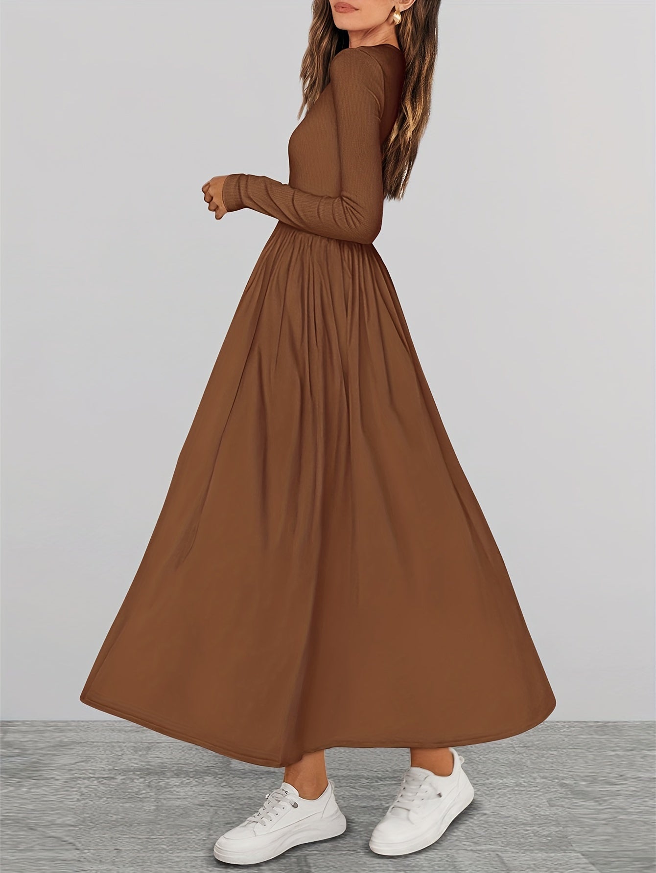 Ladies Casual Long Sleeve Wedding Guest Dress Fall Dress Elegant Bohemian Style Flowing Mid-length Dress With Pockets