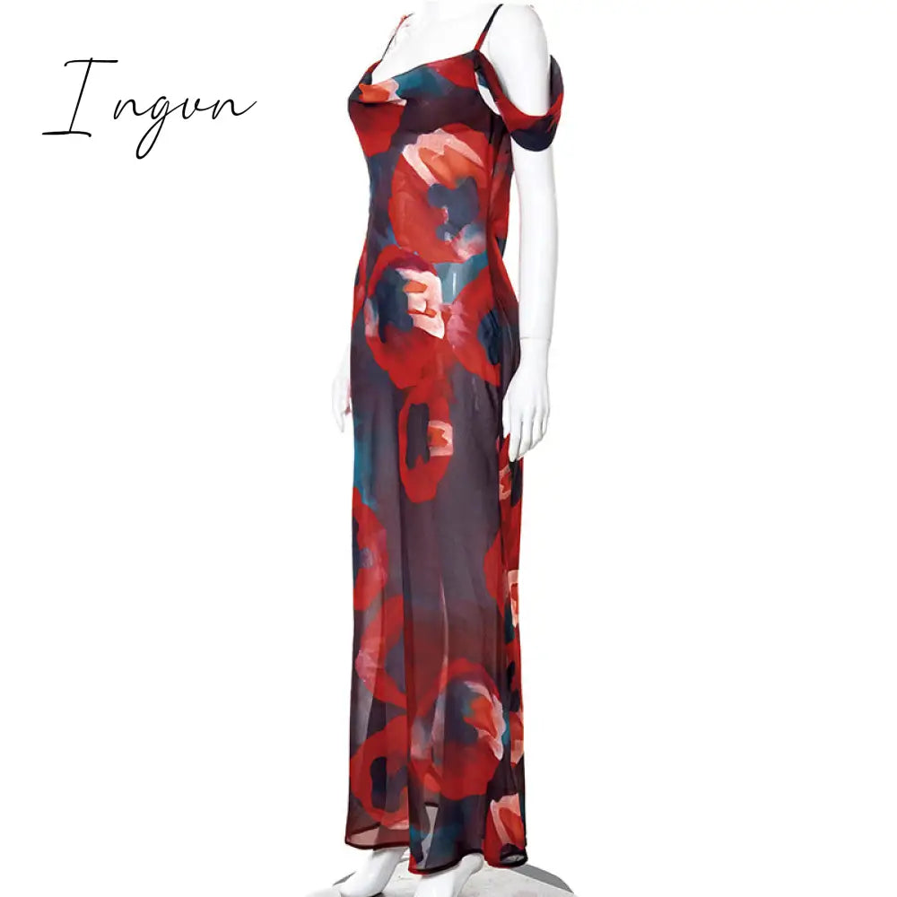 Ingvn - Outfits Summer New Beach Vacation Bohemian Fashion Shoulder Straps Sleeveless High Waist One Shoulder Temperament Elegant Long Dress