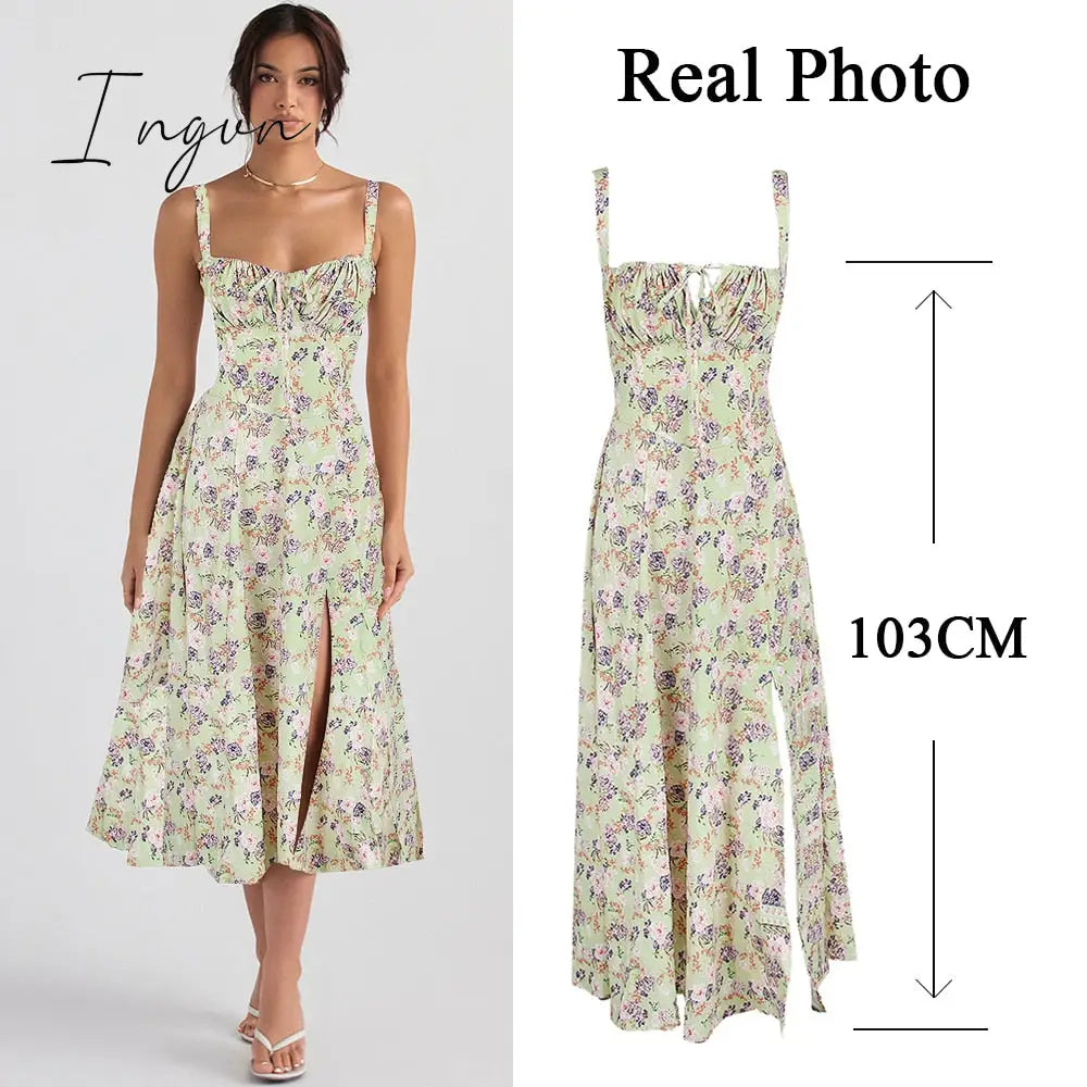 Ingvn - suninheart Elegant  A Line Midi Dress Sexy Spaghetti Strap Lace Up Red Holiday Party Dresses Split Summer Dresses Women 2023