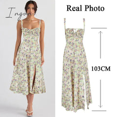 Ingvn - suninheart Elegant  A Line Midi Dress Sexy Spaghetti Strap Lace Up Red Holiday Party Dresses Split Summer Dresses Women 2023