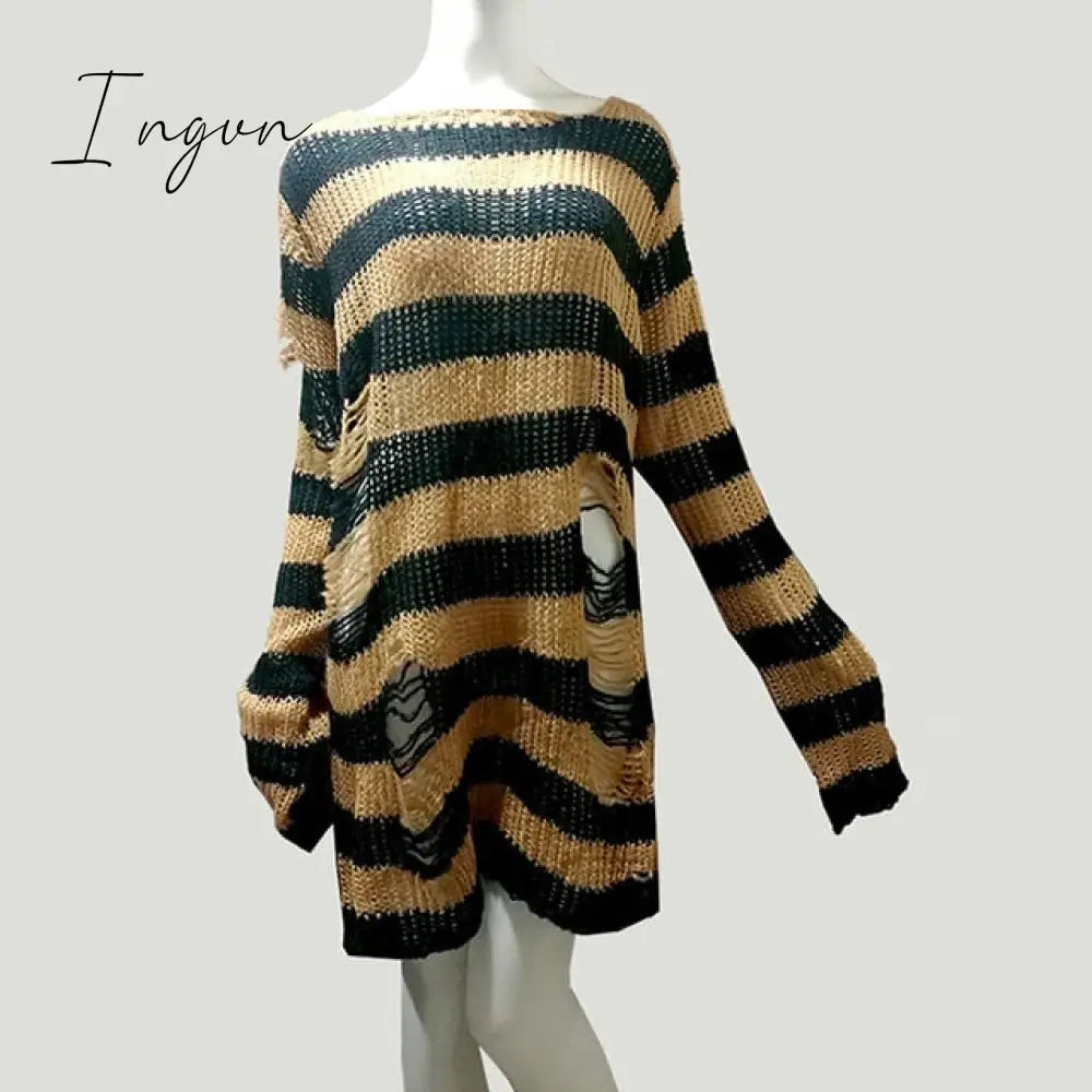 Ingvn - Plus Size Punk Gothic Long Unisex Sweater Dress Women Man Striped Cool Hollow Out Hole Broken Jumper Loose Rock Thin Sweter