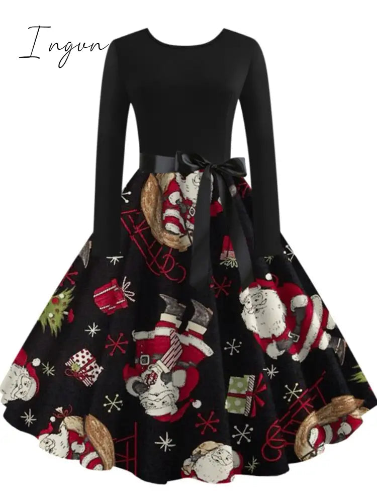 Ingvn - Christmas Halloween Costumes  Retro Positioning Print Party Casual Long Sleeve Round Neck Swing Dress